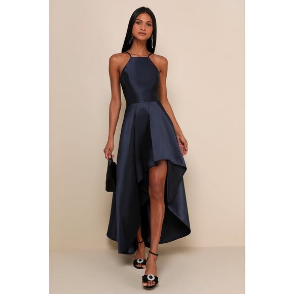 Lulus NWT Broadway Show Navy Blue High-Low Taffeta Pleated Gown Dress Medium - Picture 1 of 11